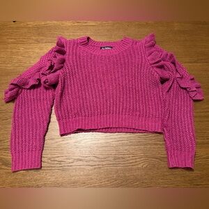 En Saison Fuchsia Ruffle-Shoulder Cropped Crewneck Sweater Size Medium